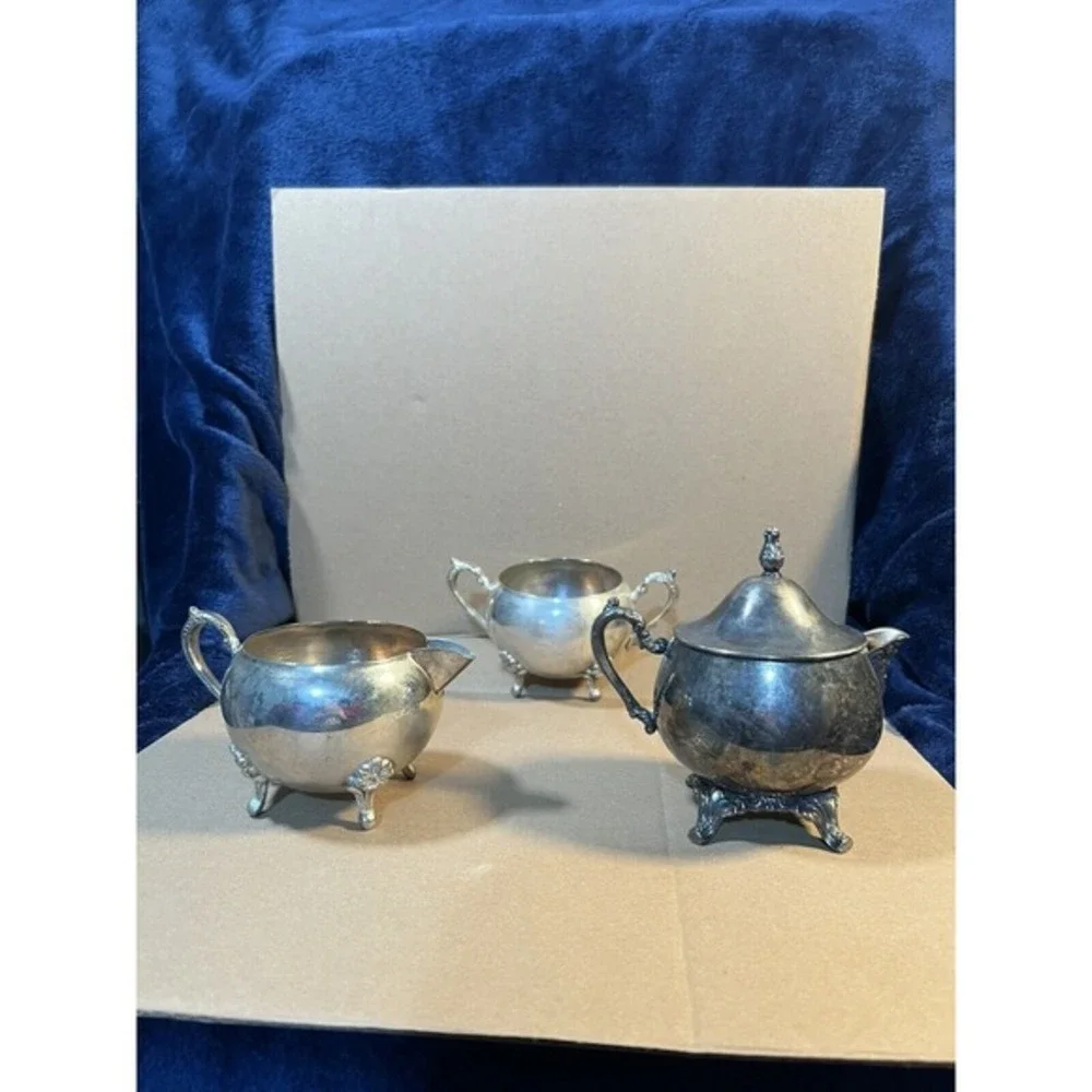 Silver silverplate Footed sugar and creamer vintage Double Handle (set of‎ 3)